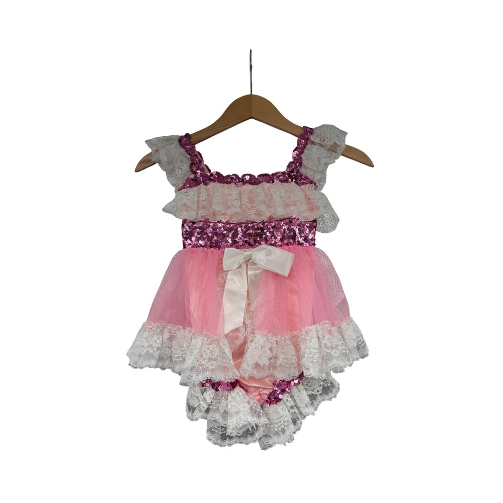 Vintage Pink Sequin Lace Dance Costume Leotard Pageant Dress Kids Pink White 6